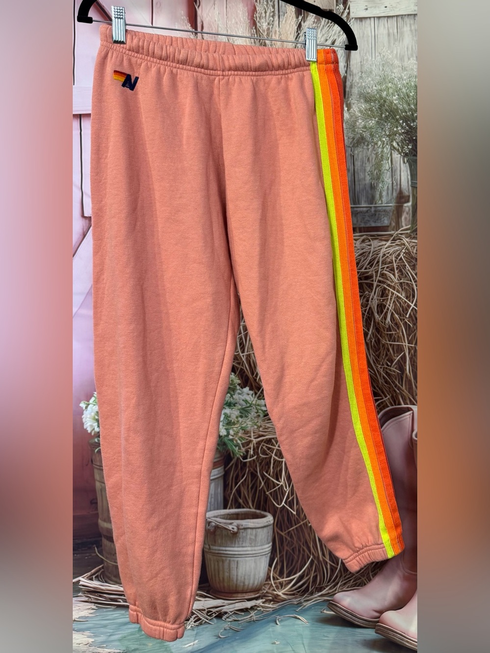 Aviator Nation Peach Sweatpants with Neon Rainbow Side Stripe Size Small